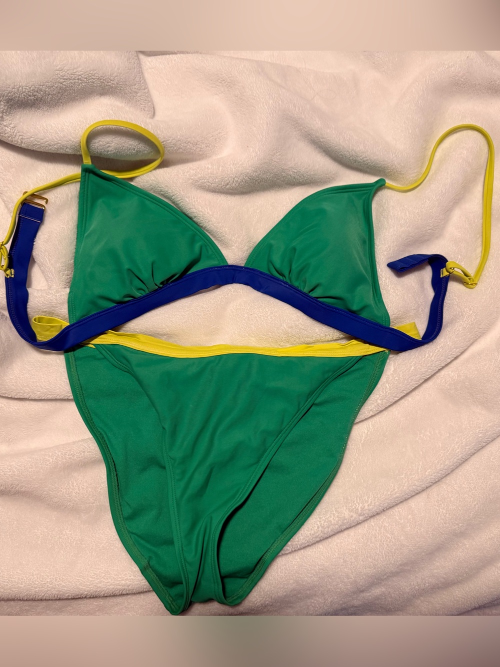 Green Triangle Bikini Top with Blue and Yellow Trim